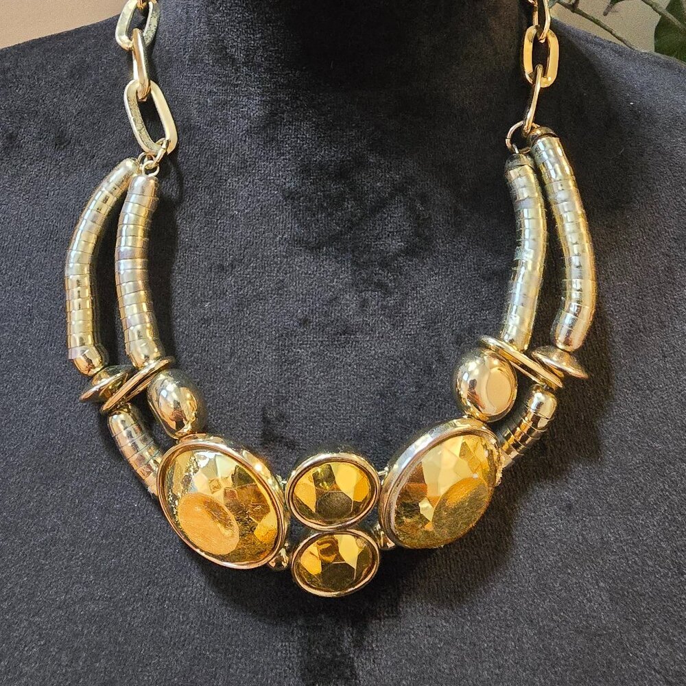 Ancient Egypt Style Chunky Necklace with Large Rhinestones and Gold Metal